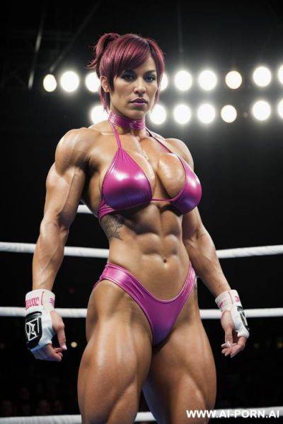 ((female bodybuilder)), muscular, boxing ring, pov, bangs, short hair, bottom view, tattoos, piercings, choker, ((extremely muscular)), fighting stance - ai-porn.ai on pornsimulated.com