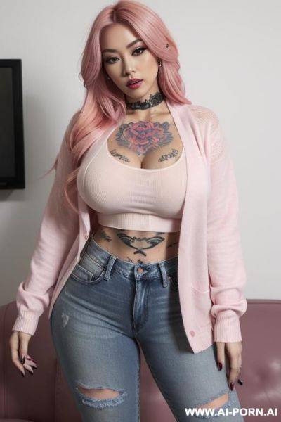 Half-japanese and half-korean and 1cm tall, wearing a sleek pair of distressed denim jeans as well as a white cropped t-shirt, the fabric clinging to her curves, and finally a lightw, pastel - ai-porn.ai - Japan - North Korea on pornsimulated.com