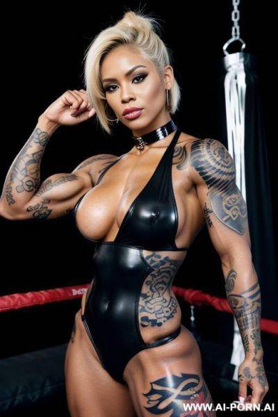 ((black female bodybuilder)), muscular, boxing ring, pov, bangs, short hair, bottom view, tattoos, piercings, choker, ((extremely muscular)), fighting stance - ai-porn.ai on pornsimulated.com