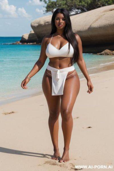 Brown skin, brown eyes, full lips, long straight black hair, white tube top, white loincloth, barefoot, athletic and curvy figure, strong legs, confident stance - ai-porn.ai on pornsimulated.com