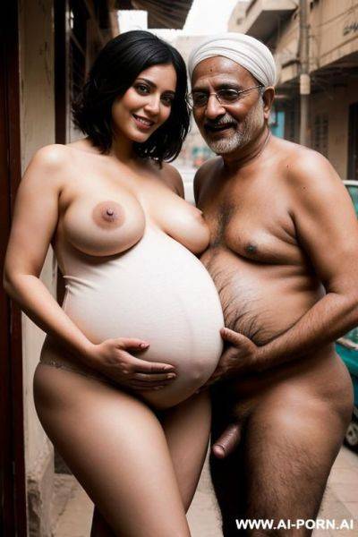 Smiling curvy busty egyptian wife with messy short hair fully naked hugged from ugly old indian homeless man - ai-porn.ai - India - Egypt on pornsimulated.com