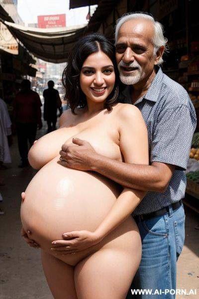 Smiling curvy busty egyptian wife with messy short hair fully naked hugged from old indian homeless man in market - ai-porn.ai - India - Egypt on pornsimulated.com