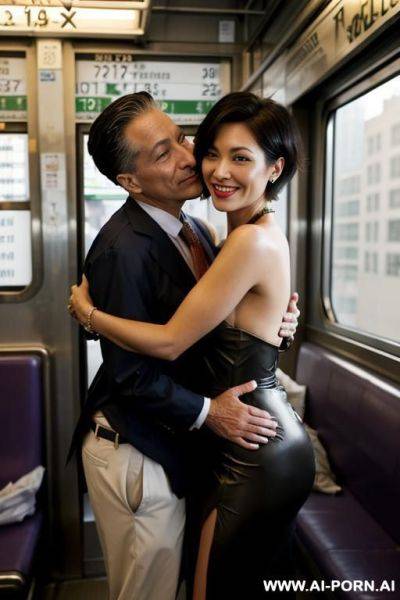 Smiling wife with messy short hair fully naked hugged from old homeless man in train - ai-porn.ai on pornsimulated.com