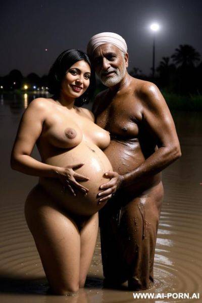 Smiling curvy busty egyptian wife with messy short hair fully naked hugged from old indian homeless man in mud lake at night - ai-porn.ai - India - Egypt on pornsimulated.com