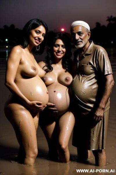 Smiling curvy busty egyptian wife with messy short hair fully naked hugged from two old indian homeless men in mud lake at night - ai-porn.ai - India - Egypt on pornsimulated.com