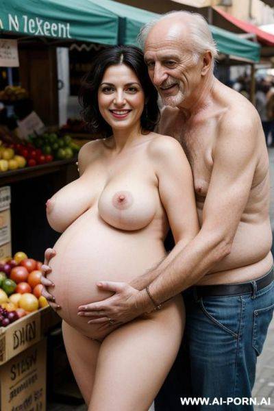 Smiling curvy busty italian wife with messy short hair fully naked hugged from old german homeless man in market - ai-porn.ai - Germany - Italy on pornsimulated.com