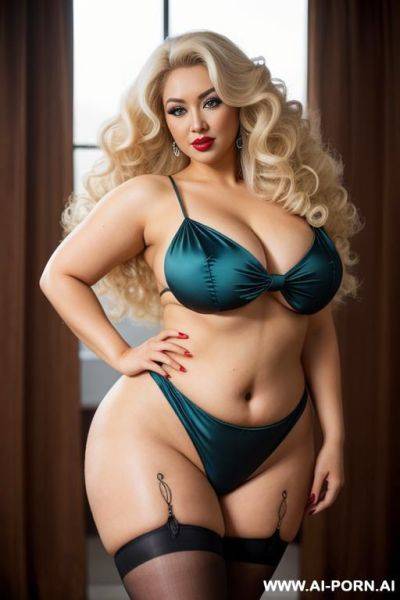 Asian platinum blonde pinup model with thick full sexy classic curly big hair, giant classic fluffy blonde curls, massive curly hair, thick full wide long blonde curls, pin-up woman photoshoot, sexy chubby face, eye contact - ai-porn.ai on pornsimulated.com