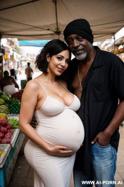 Smiling curvy busty egyptian wife with messy short hair fully naked hugged from ugly old black homeless man in local market - ai-porn.ai - Egypt on pornsimulated.com