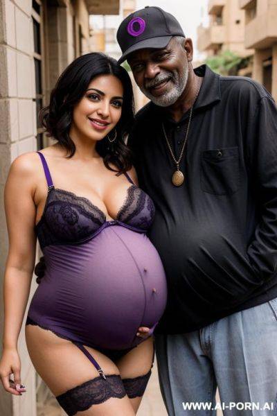 Smiling curvy busty egyptian wife with messy short hair wearing purple lingerie hugged from old black homeless man - ai-porn.ai - Egypt on pornsimulated.com