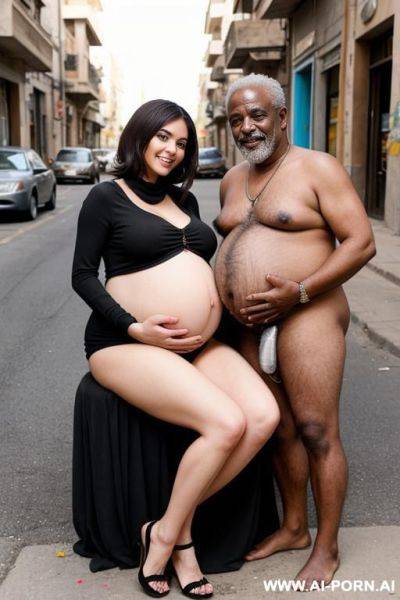 Smiling curvy busty egyptian wife with messy short hair fully naked sitting on the lap of old black homeless man in street - ai-porn.ai - Egypt on pornsimulated.com