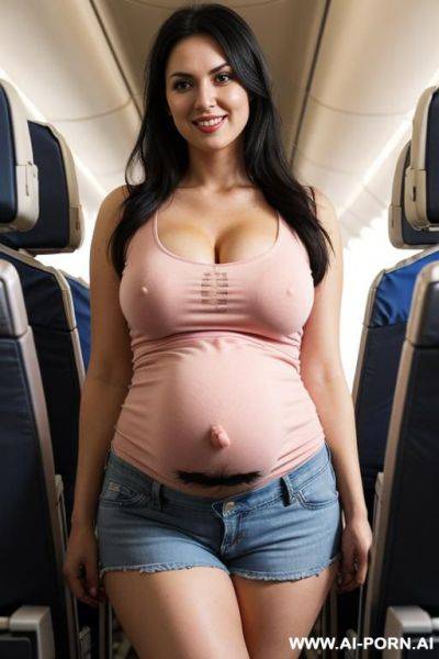 Pregnant pink ripped t-shirt. nipples falling out. cutoff jeans shorts. large floppy boobs. black hair. make up. on the plane - ai-porn.ai on pornsimulated.com