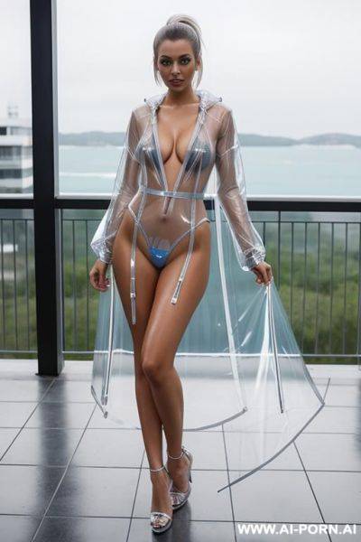 Young woman, transparent raincoat, silver shiny swimsuit, blue twin ponytails, transparent stripper high heels big boobs - ai-porn.ai on pornsimulated.com