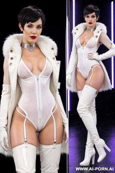 Pixie cut brunette, white latex harness, white fishnet bodysuit, white fur coat, white gloves, white latex thigh high boots, pierced nipples, red lipstick, rave party, naked - ai-porn.ai on pornsimulated.com