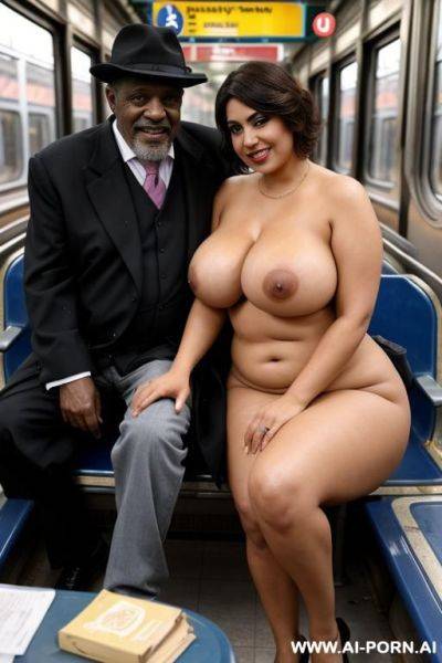 Smiling curvy busty egyptian brunette wife with messy short hair topless sitting on the lap of old homeless black man in train station - ai-porn.ai - Egypt on pornsimulated.com