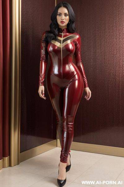 Dark red and gold latex catsuit (stripes print) - ai-porn.ai on pornsimulated.com