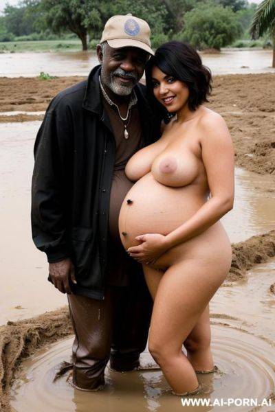 Smiling curvy busty egyptian wife with messy short hair fully naked hugged from old black homeless man in mud lake - ai-porn.ai - Egypt on pornsimulated.com