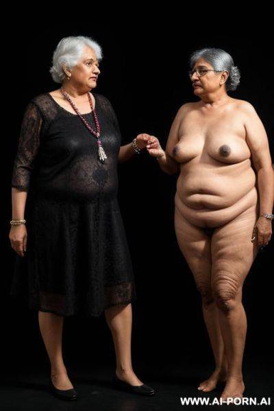 Two old chubby lesbian indian shemale grandmas with big long erect penis.they are wearing plain black wedding dresses with wrinkly hands and dark natural lips - ai-porn.ai - India on pornsimulated.com