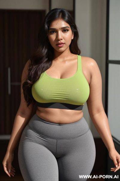 Bhumi pednekar wearing sexy yoga pants sweating, full body view with eye contact, detailed facial features, curvy features - ai-porn.ai on pornsimulated.com