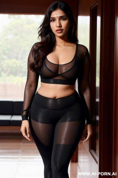 Bhumi pednekar wearing sexy yoga pants sweating, full body view with eye contact, detailed facial features, transparent outfits - ai-porn.ai on pornsimulated.com