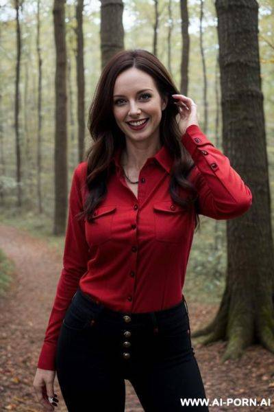 ((red wool shirt), (open buttons)); (black jeans), dirty clothes and face, (no make-up) - ai-porn.ai on pornsimulated.com