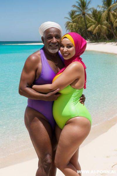 Smiling curvy russian brunette chubby wife wearing colored hijab and monokini swimsuit hugged from old african man - ai-porn.ai - Russia on pornsimulated.com