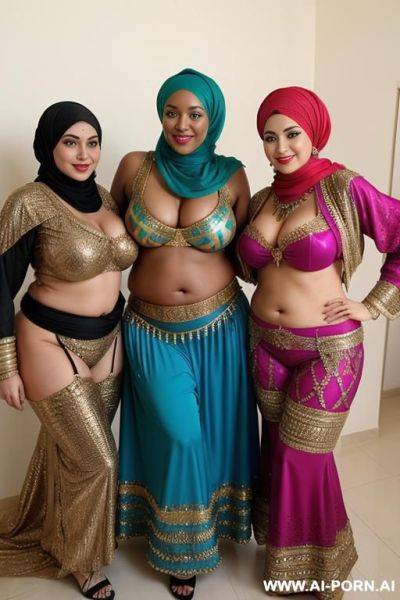 Smiling curvy russian brunette chubby wife with messy haircut wearing colored hijab and belly dancing costume standing between two old african men - ai-porn.ai - Russia on pornsimulated.com