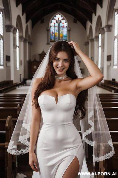 Perfect body in a short white strapless dress, diamond choker, long thick hair, cleavage, wedding veil, - ai-porn.ai on pornsimulated.com