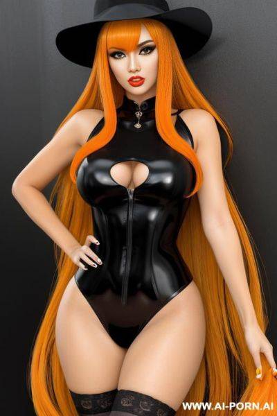 Make a cartoon woman with a orange long hair with bangs, yellow streak, brown detective hat, really orange skin, black cartoon yes, being fucked in gy style - ai-porn.ai on pornsimulated.com