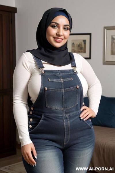 Smiling curvy egyptian brunette chubby wife wearing hijab fully naked wearing dark blue overalls - ai-porn.ai - Egypt on pornsimulated.com