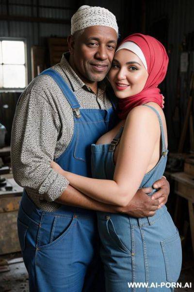 Smiling curvy russian brunette chubby wife fully naked wearing hijab and colored dirty overall hugging old black man in workshop - ai-porn.ai - Russia on pornsimulated.com
