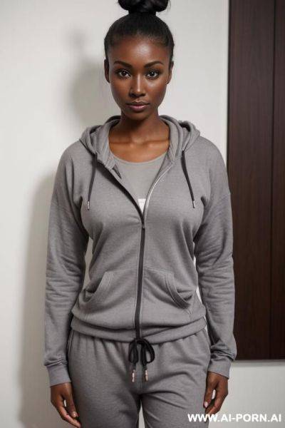 Wearing grey hoodie, wearing red cotton pyjama pants - ai-porn.ai on pornsimulated.com