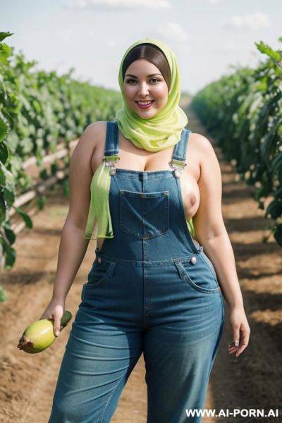 Smiling curvy russian brunette chubby wife topless wearing colored hijab and dirty lime green overalls in farm - ai-porn.ai - Russia on pornsimulated.com