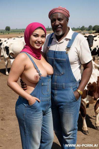Smiling curvy russian brunette chubby wife topless wearing colored hijab and dirty overall standing with old african man beside cows - ai-porn.ai - Russia on pornsimulated.com