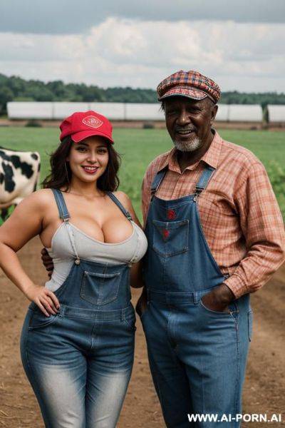 Smiling curvy russian brunette chubby wife topless wearing colored hijab and dirty red overalls and hat in cows farm standing with old african man - ai-porn.ai - Russia on pornsimulated.com