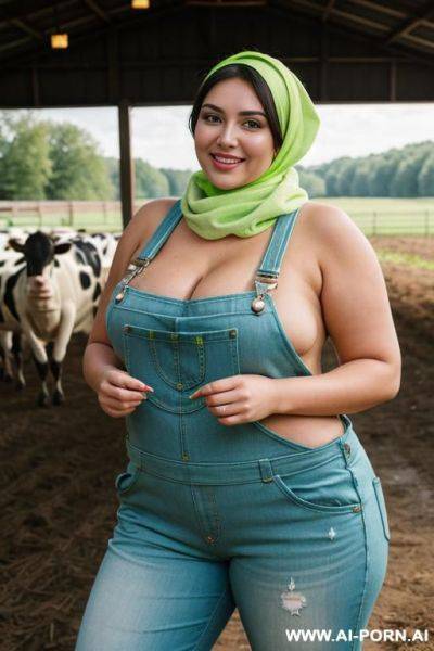 Smiling curvy russian brunette chubby wife topless wearing colored hijab and dirty lime green overalls in cows farm - ai-porn.ai - Russia on pornsimulated.com