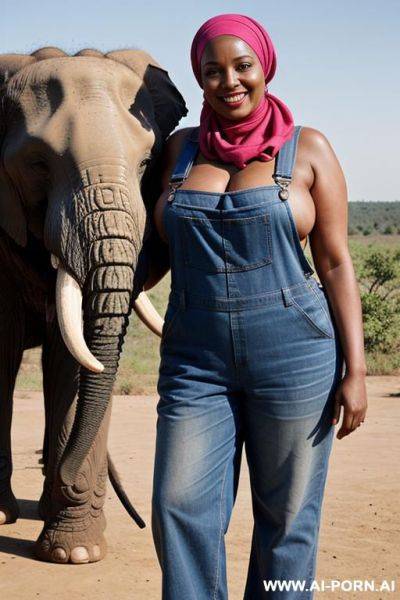 Smiling curvy russian brunette chubby wife topless wearing colored hijab and dirty overall standing with old african man beside elephant - ai-porn.ai - Russia on pornsimulated.com
