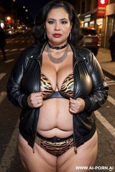 Latina, fat old milf, animal print hooker outfit, lovehandless, soft medium tummy, huge saggy boobs, crop jacket, necklace, chocker, elries, street night, waist shot - ai-porn.ai on pornsimulated.com