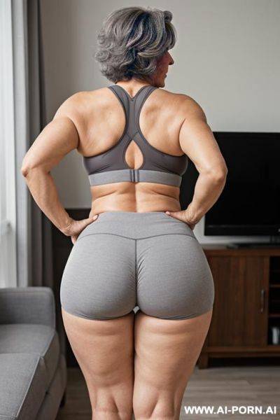 Back view, mature cubby woman, 0 year old grandmother, full body, standing, lady, short gray hair, clearly visible age marks, triangular hips, thick thighs, wearing gray yoga shorts and bra, legs open, living room - ai-porn.ai on pornsimulated.com