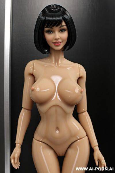 Doll, plastic look, plastic skin, shoulder length black, blunt cut hair, pretty face, plastic face, plastic body, fully nude, full frontal view, big plastic tits, plastic ass, standing in doll house, smiling,. naked - ai-porn.ai on pornsimulated.com
