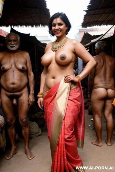 Smiling curvy russian brunette chubby wife with unruly short hair topless wearing dirty sari standing surrounded by many old indian men in market - ai-porn.ai - Russia - India on pornsimulated.com