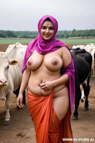 Smiling curvy russian brunette chubby wife topless wearing colored hijab and dirty sari standing in cows farm - ai-porn.ai - Russia on pornsimulated.com