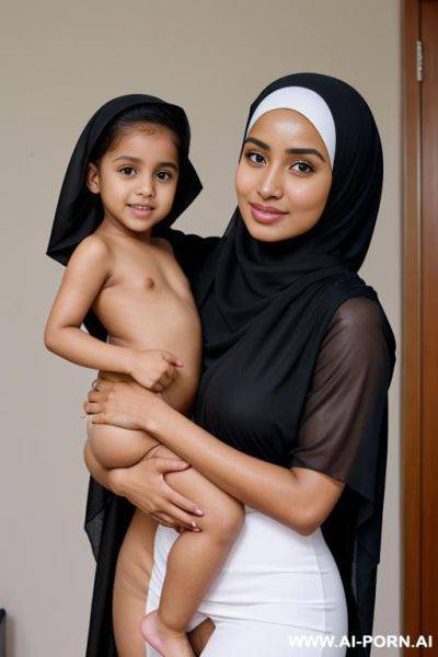 Arab, brown skin tone, oiled body, clean shaved mother, wearing hijab, with naked oiled niece, oiled niece ((with naked niece)) - ai-porn.ai on pornsimulated.com