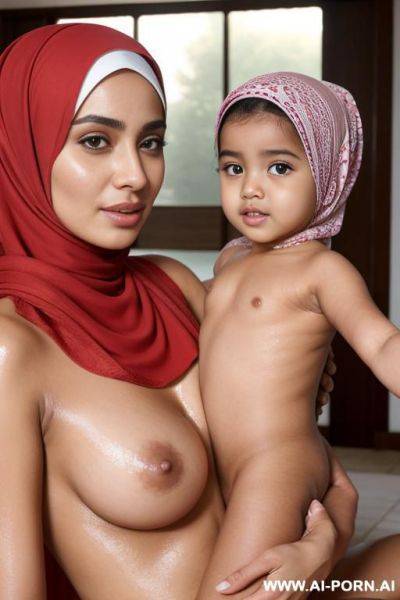 Arab, oiled body, wearing hijab, with naked niece, oiled niece ((with naked niece)) - ai-porn.ai on pornsimulated.com