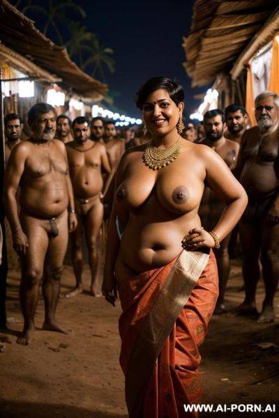 Smiling curvy russian brunette chubby wife with unruly short hair topless wearing dirty sari standing surrounded by many old indian men at night - ai-porn.ai - Russia - India on pornsimulated.com