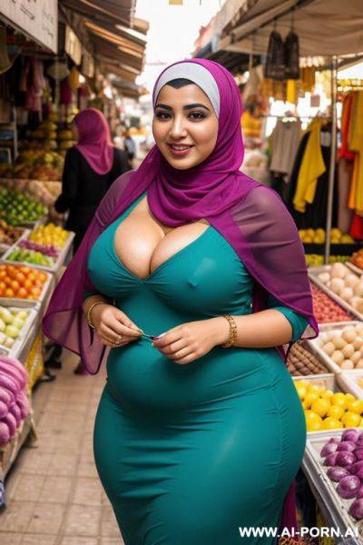 Smiling curvy egyptian chubby wife wearing colored hijab standing opening her clothes flashing boobs in market - ai-porn.ai - Egypt on pornsimulated.com
