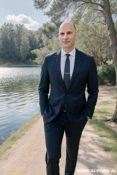 One man in business suit without tie, no beard, lighnearly bald, near a lake in the sun - ai-porn.ai on pornsimulated.com