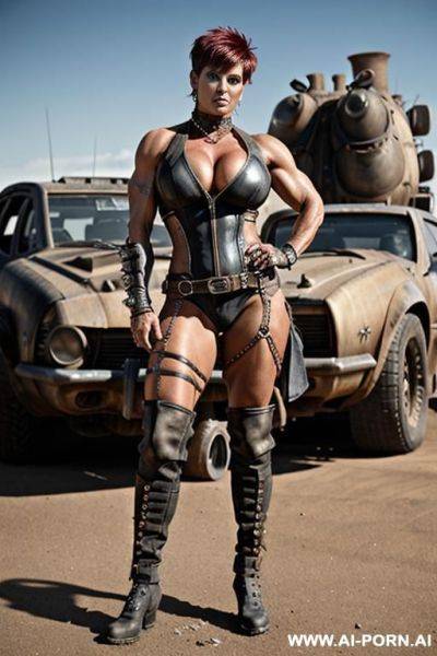 Mature woman. toned. tanned. bracelet, thigh chain. short punk hairstyle with shaved sides. bulging oversized tits. leather shoulder pad. mad max. fallout. ruined city in background. holster. city ruins. - ai-porn.ai on pornsimulated.com