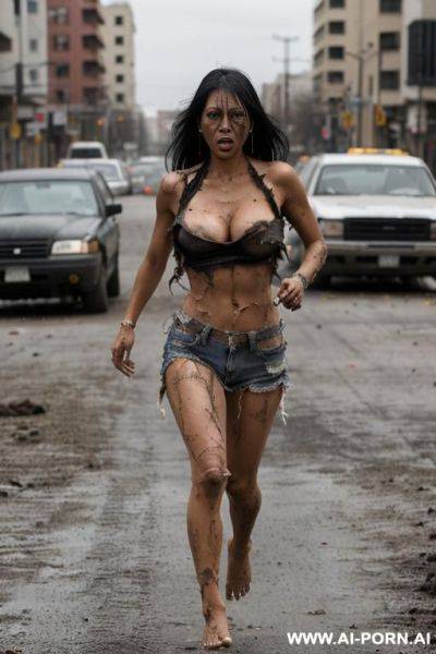 ((black hair)) ((angry face)) ((running)) ((ripped clothes)) ((dirty clothes)) ((dirty body)) ((city street)) ((one boob out)) ((bare feet)) - ai-porn.ai on pornsimulated.com