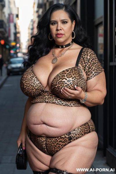 Latina, fat old milf, animal print hooker outfit, lovehandless, soft medium tummy, huge saggy boobs, necklace, choker, elries, street night, waist shot - ai-porn.ai on pornsimulated.com