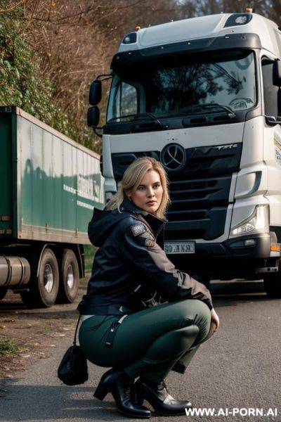 German woman, jacket pants, squatting in underbrush behind trucks next to fishmarket - ai-porn.ai - Germany on pornsimulated.com